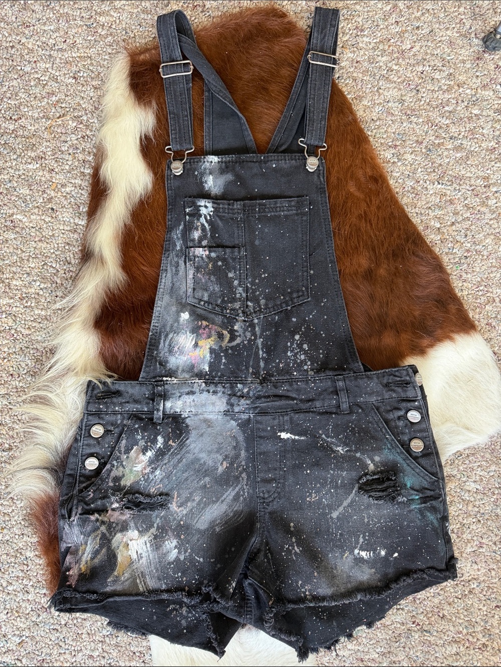 Pink Blush Paint-Splattered Black Denim Short Overalls